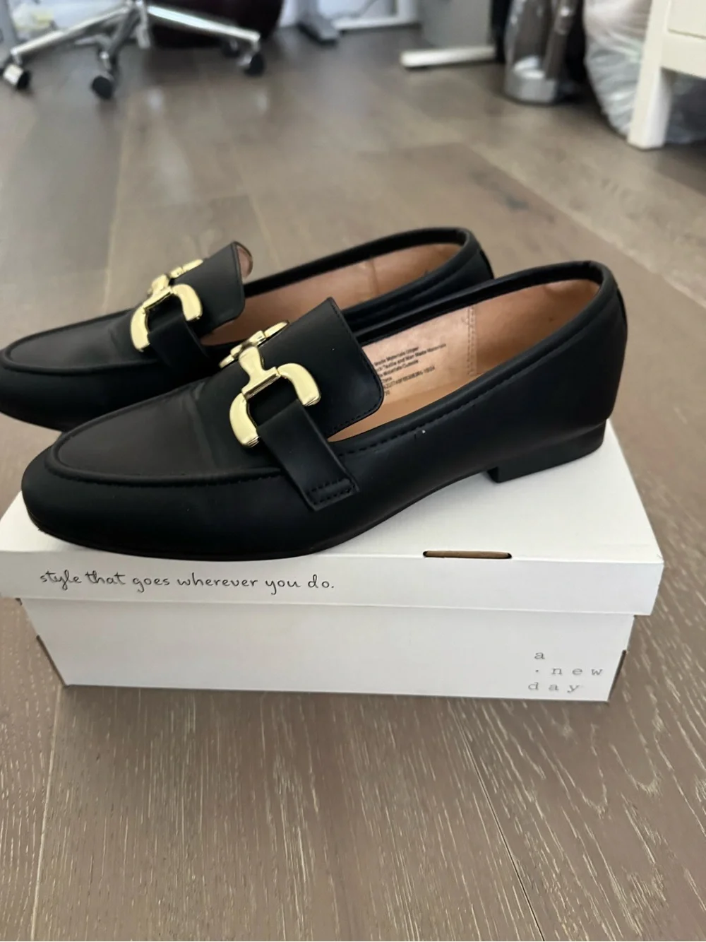 a new day Black Loafers with Gold Bit Detail